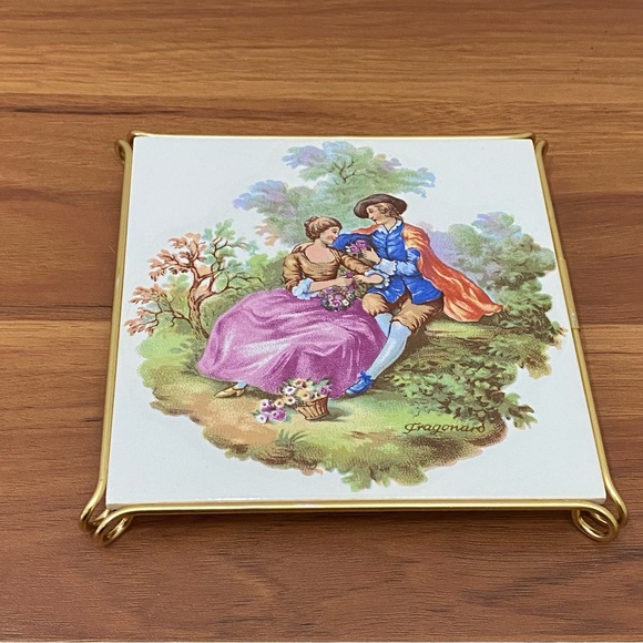 Vintage VILLEROY & BOCH Fragonard Victorian Courting Scene Couple Tile Trivet - Picture 5 of 12